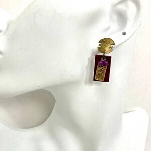 Gold & bead dangle earrings, Asian styling antiqued gold metal, resin & beads